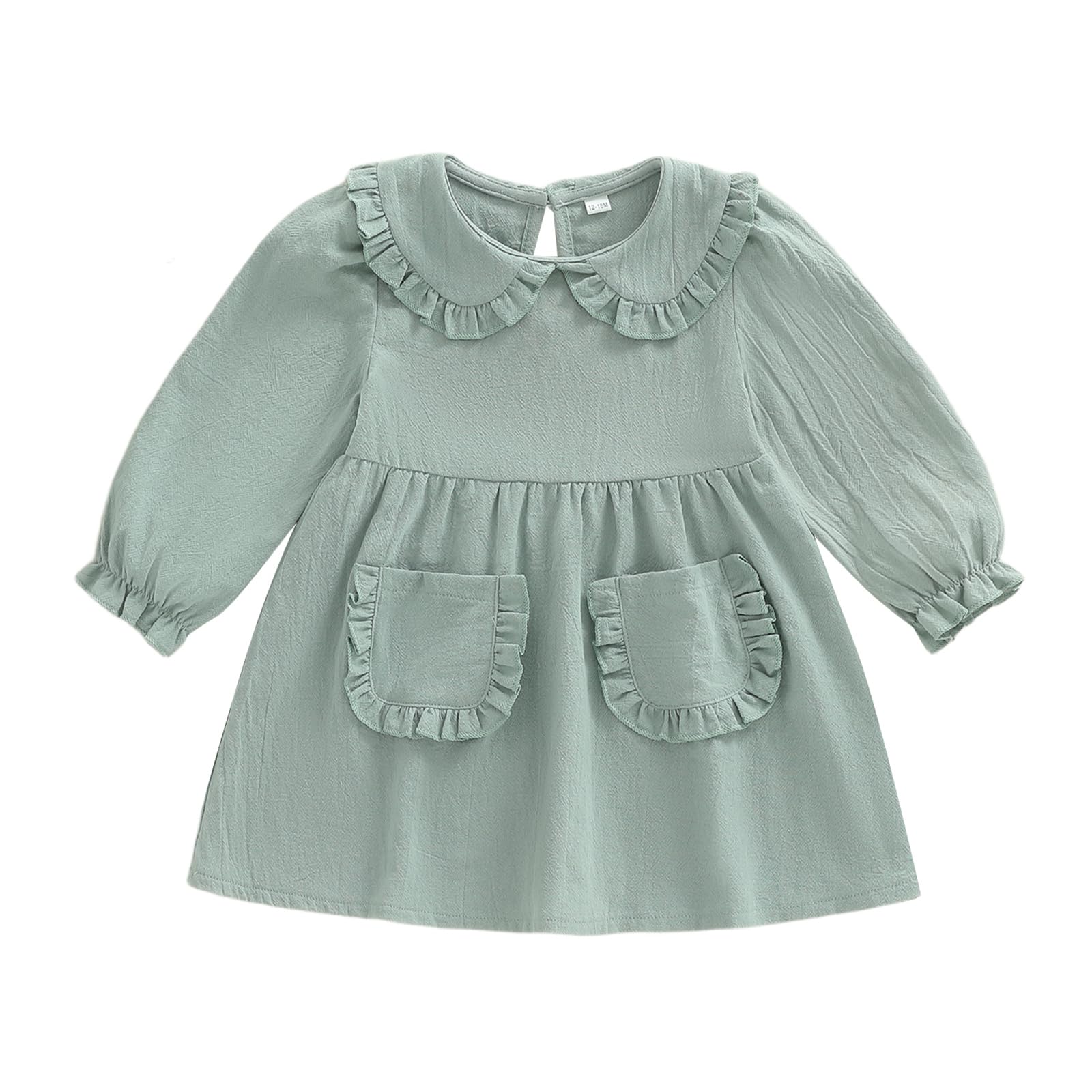 VISGOGO Toddler Baby Girl Dress Linen Long Sleeve Solid Color Girls 12 18M 2T 3T 4T 5T Dresses with Pocket for Fall Spring (Gree