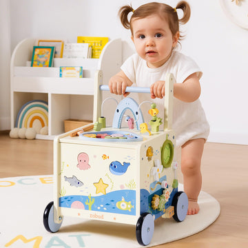 ROBUD Wooden Baby Push Walker, Marine Theme Learning Walking Toys, Adjustable Height Baby Walker with Decelerator, Montessori To