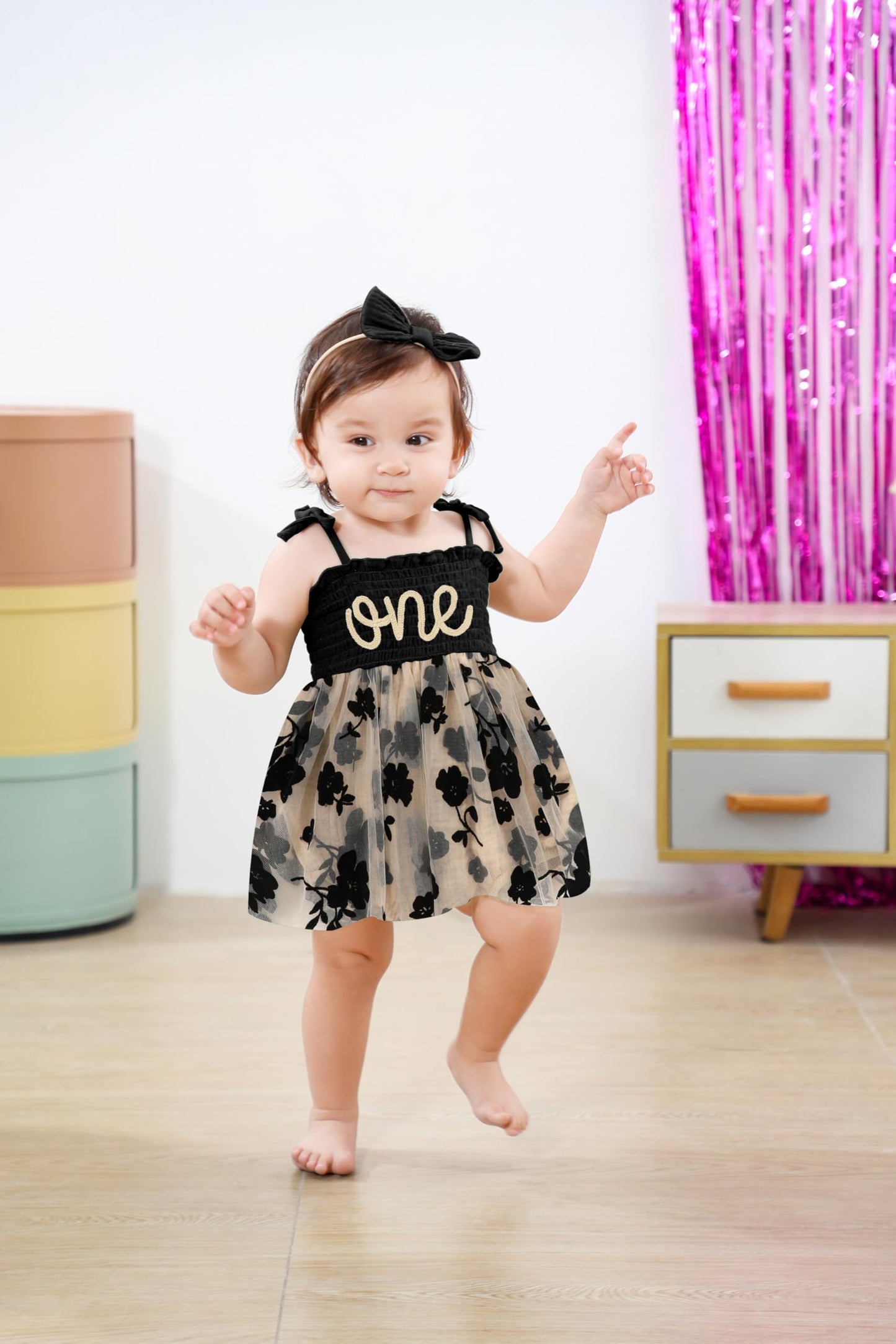 Titkkop Baby Girl 1St Birthday Clothes One Year Old Tulle Romper Sleeveless Bodysuit Cake Smash Outfits(Apricot & Black,9-12M)
