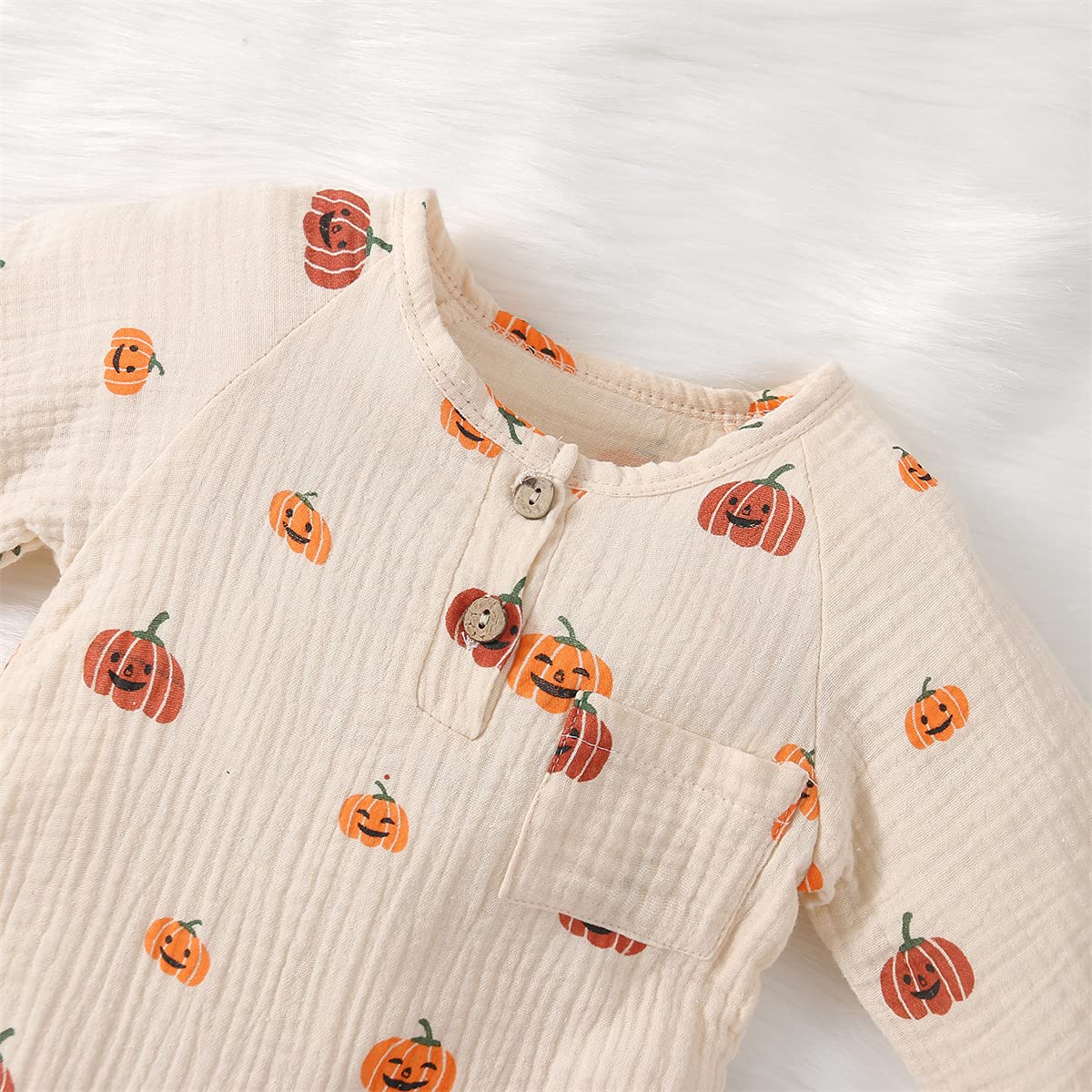 Twopumpkin Beige Long Sleeve Onesie Romper Jumpsuit (3-6 Months) - Cotton Blend Halloween Outfit For Unisex Children