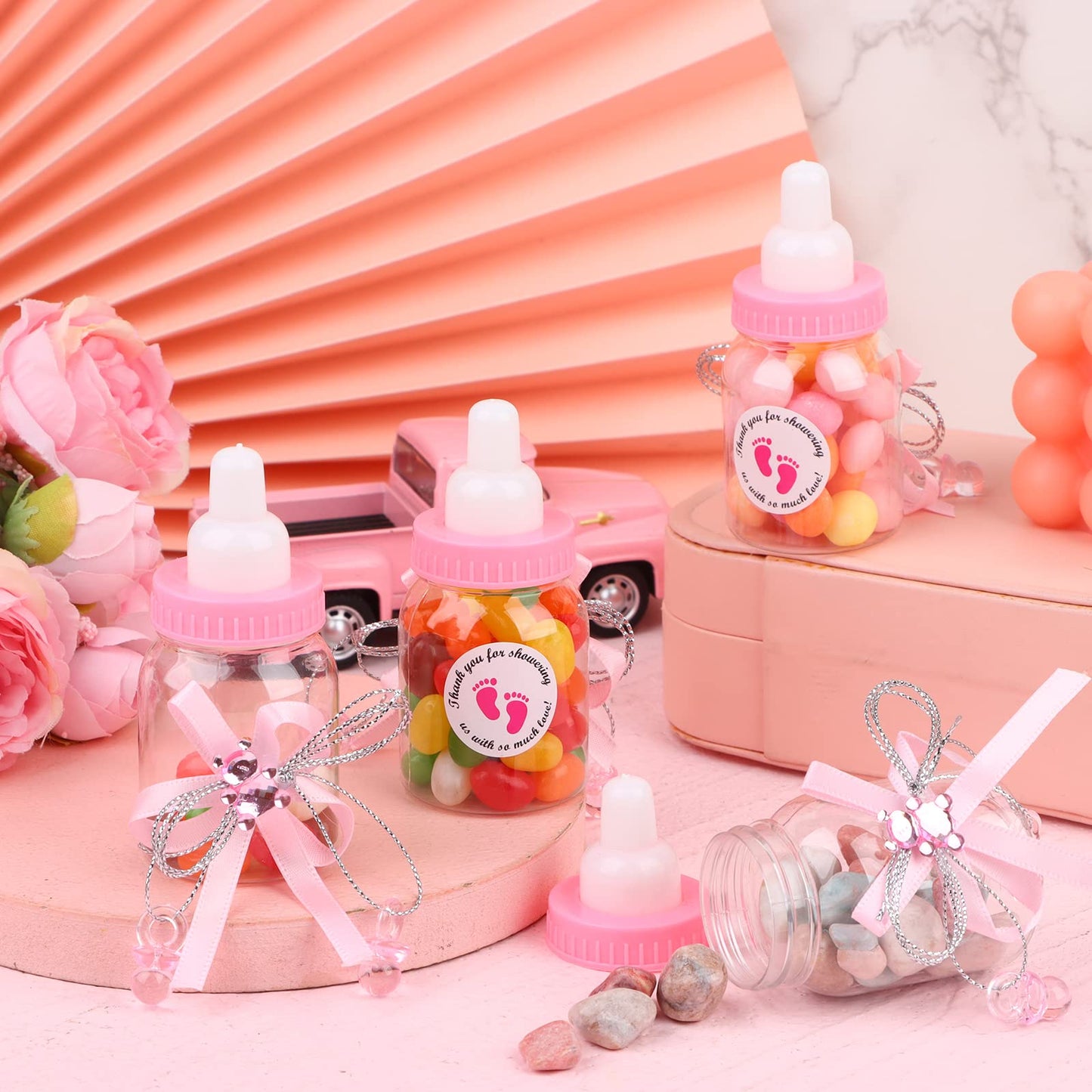 62 Pcs 3.5 Inch Baby Mini Milk Bottle Baby Shower Favor With 500 Adhesive Thank You For Showering Stickers, Small Plastic Bear C