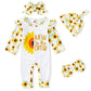 Grnshts Newborn Baby Girl Romper Infant Letter Print Bodysuit Sunflower Jumpsuit+Hat+Headband+Gloves Coming Home Clothes Outfits