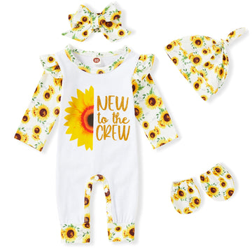 Grnshts Newborn Baby Girl Romper Infant Letter Print Bodysuit Sunflower Jumpsuit+Hat+Headband+Gloves Coming Home Clothes Outfits