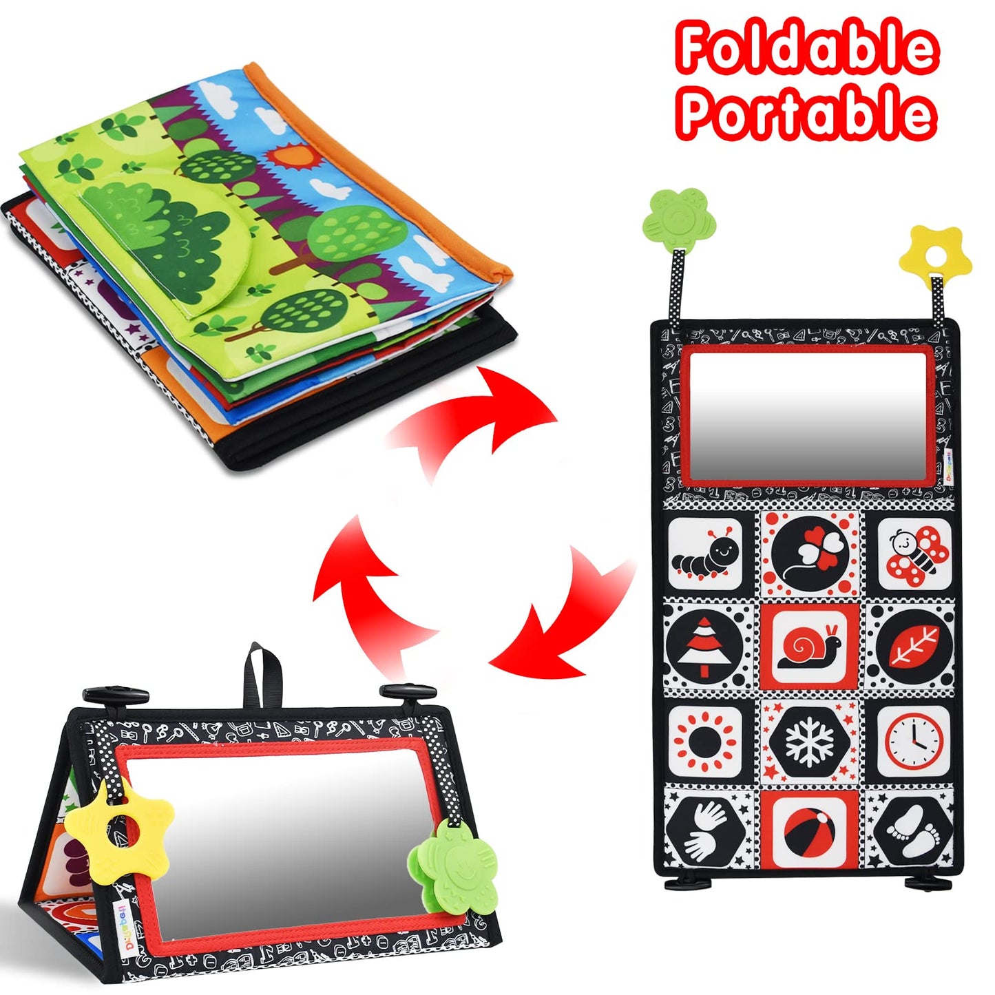 Dr.Rapeti Tummy Time Floor Mirror for Baby Infant Toddler Kids Black and White High Contrast Baby Toy with Crinkle Cloth Book Te