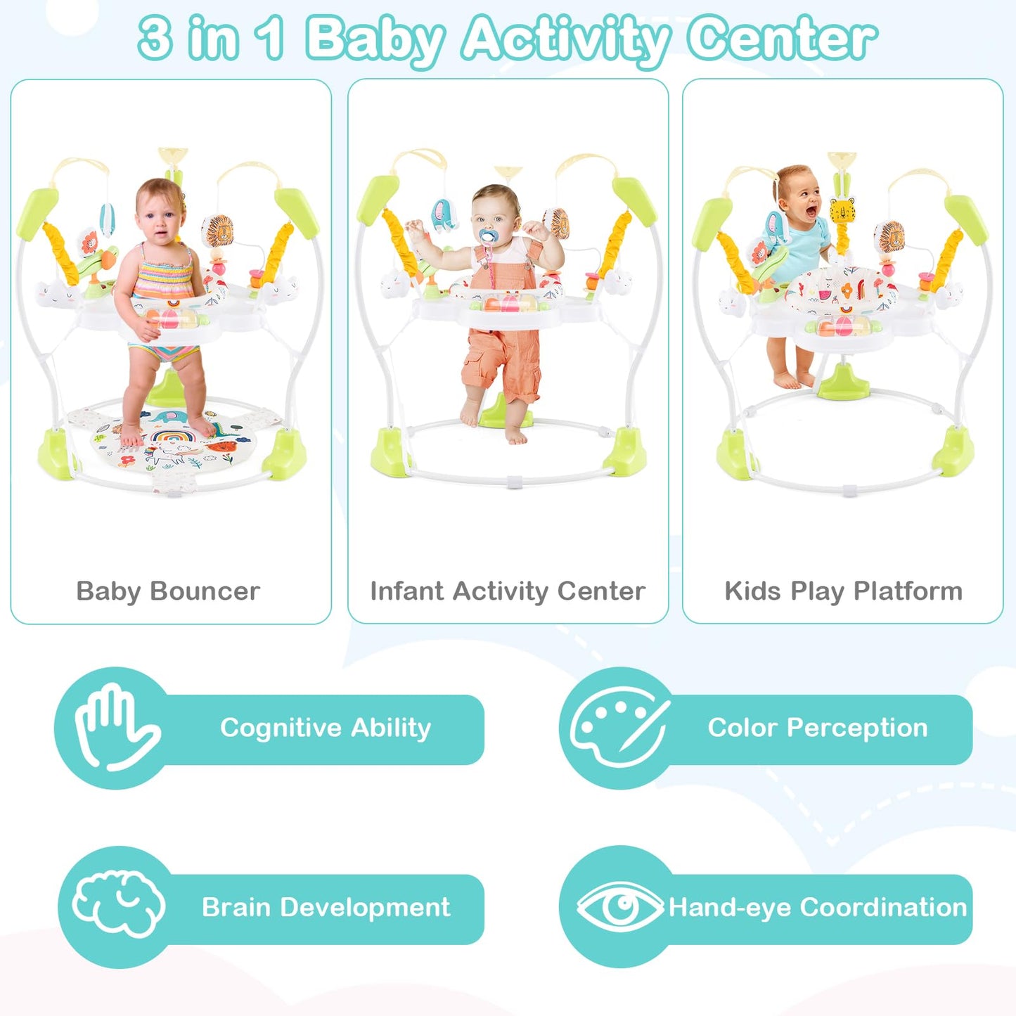 HONEY JOY Baby Bouncer Activity Center, Infant Jumper and Table w/ 360 Rotary Seat, 3 Adjustable Heights, Mat, Music, Lights, So