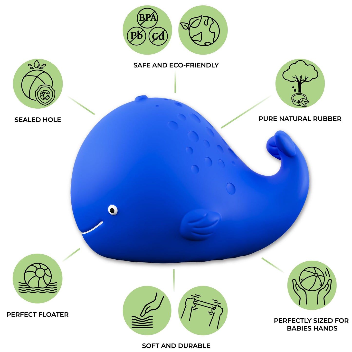caaocho Pure Natural Rubber Bath Toy - Kala The Whale Baby Toy - Hole Free Bath Toys, BPA Free Bath Toys for Infants, without Ho