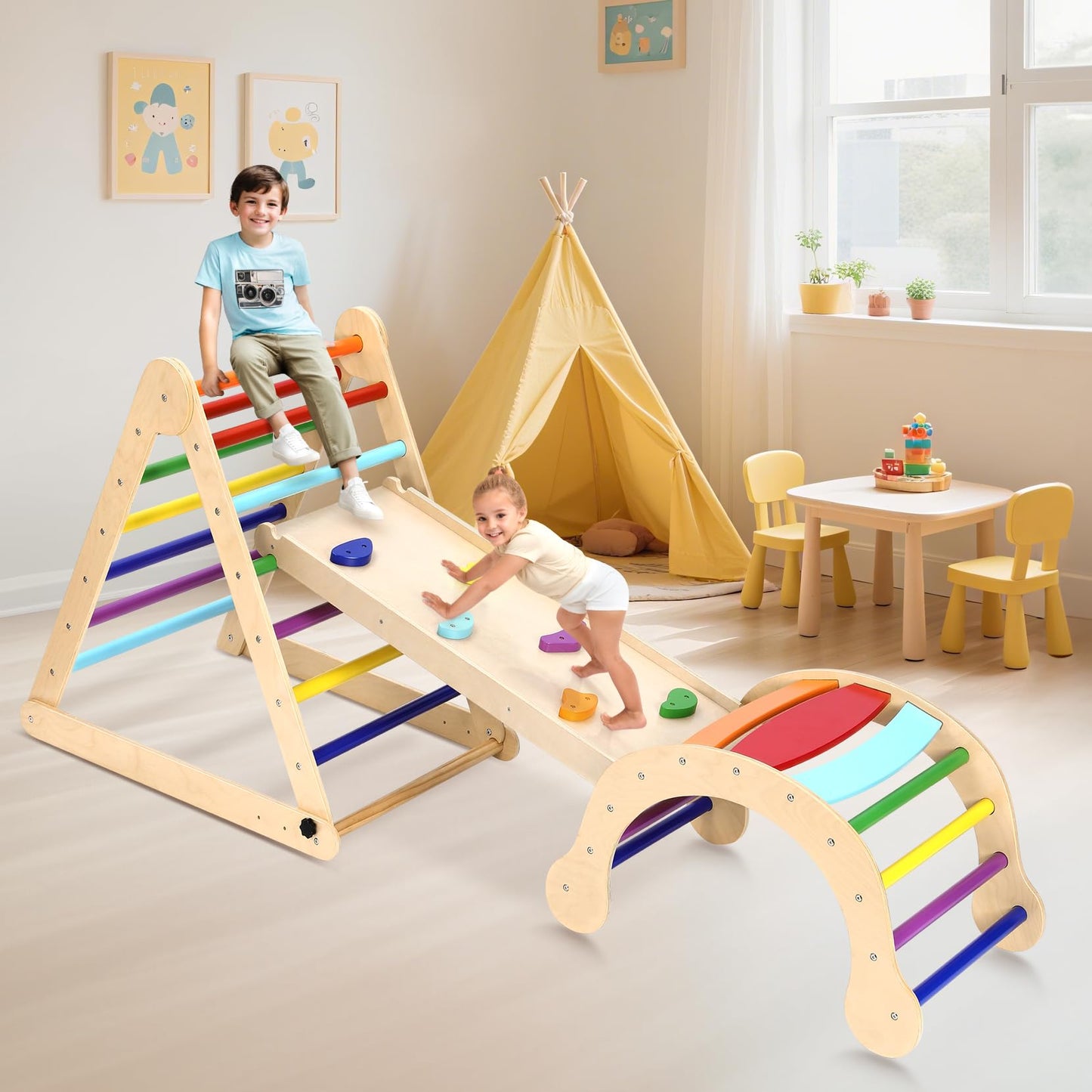 YOLEO Large Pikler Triangle Set 7-in-1 with Adjustable Height, Montessori Toddler Climbing Toys Indoor with Sturdy Base, Easy-Fo