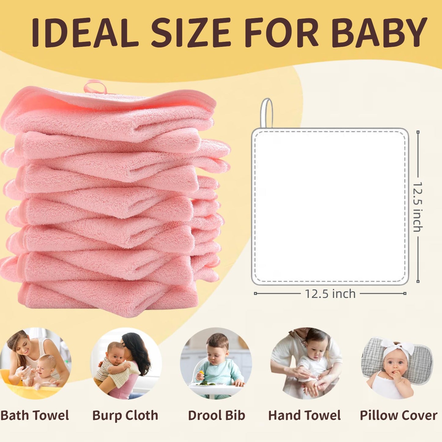Mukin Baby Washcloths Set - 12 Pack 12X12 Inches Microfiber Coral Fleece Face Towel For Newborns, Infant, Toddlers Or Kids. Ultr