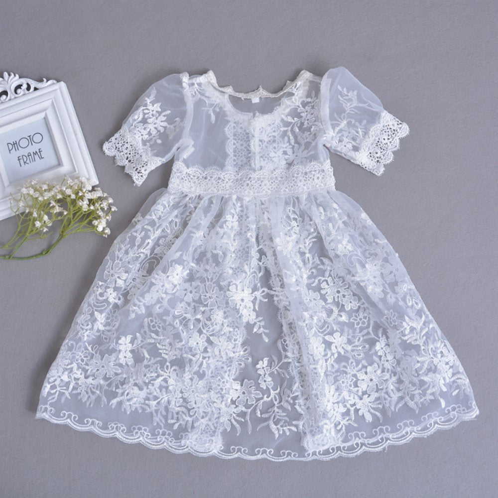Newborn Baby Girls 3Pcs Organza Lace-Overlay Christening Gown Baptism Dress Formal Dress Outfit With Bonnet Ivory 6M