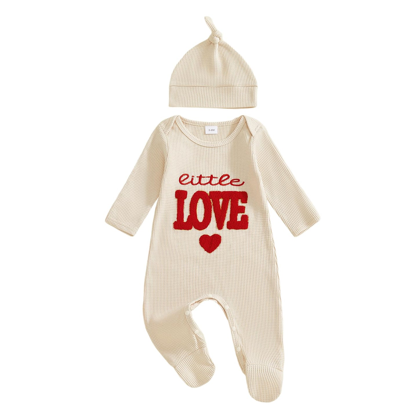 kacubwyy Baby Valentines Outfit Girl Boys Long Sleeve Footie Rib Onesie knot Hat Spring Clothes Newborn Outfits Infant Set (Beig