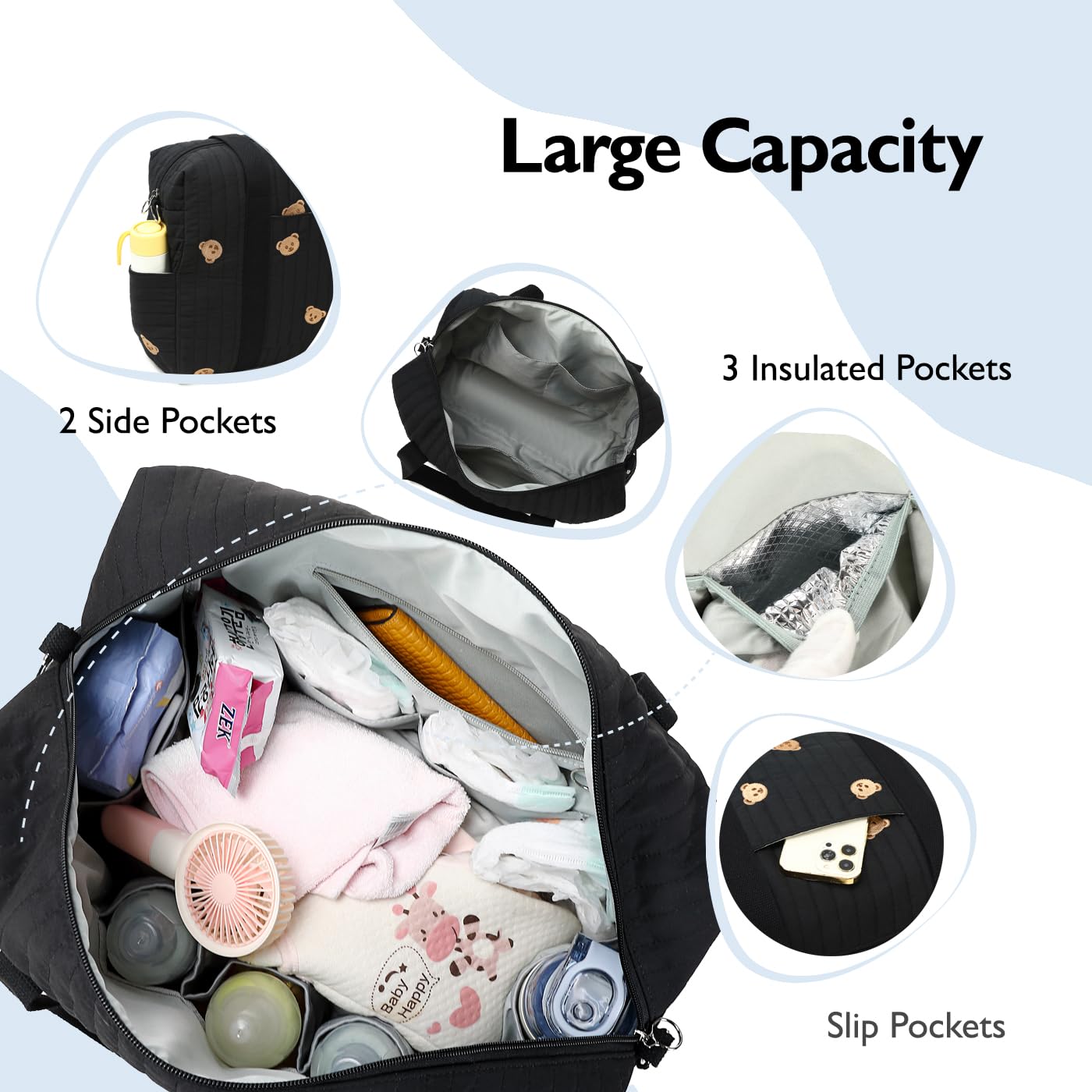 Loradi Diaper Bag Tote With Insulated Pockets And Stroller Hooks For Travel (Black-Gold, Large)