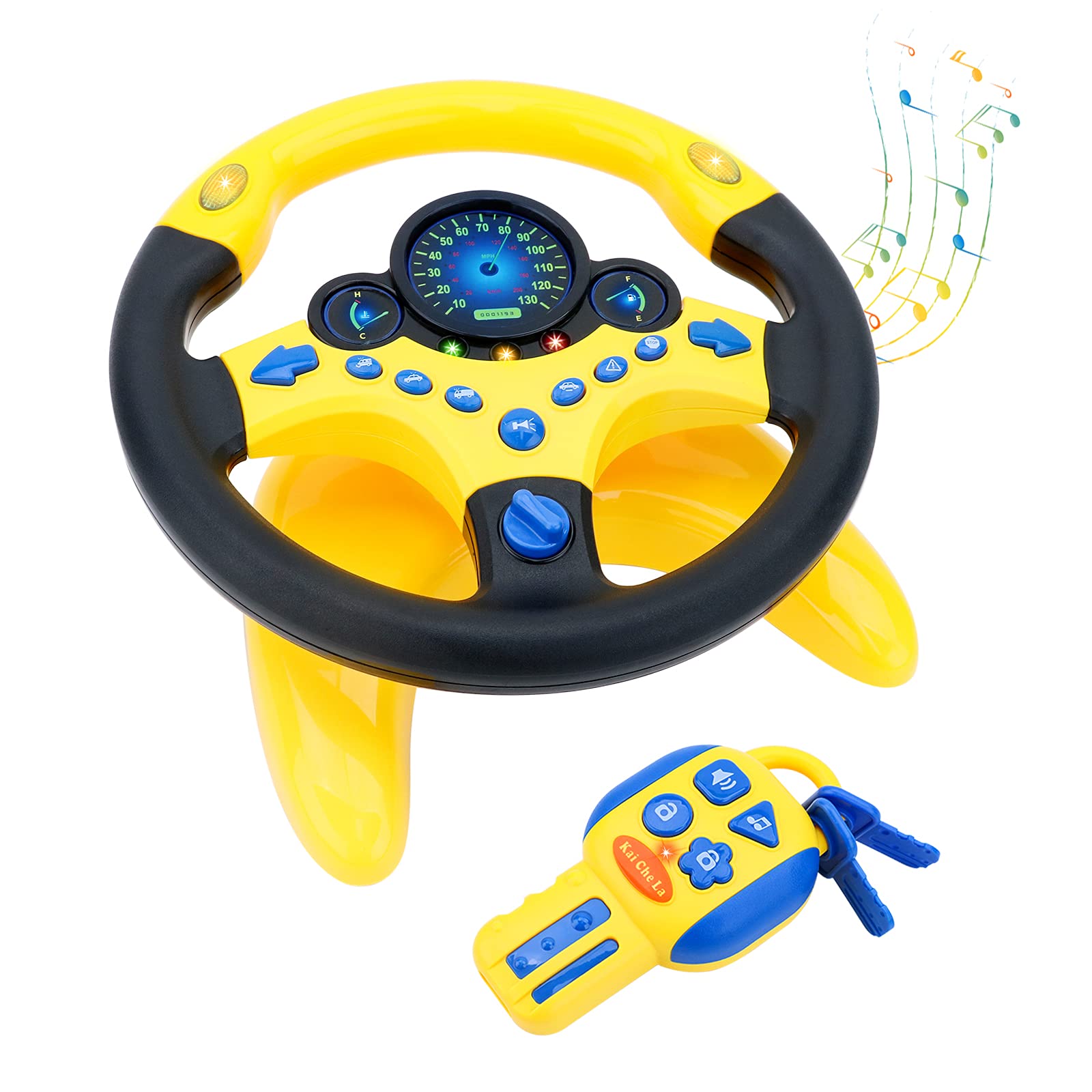 deAO Kids Steering Wheel for Backseat with Car Key Pretend Driving Simulated Driving Steering Wheel Toy with Light and Music Gif