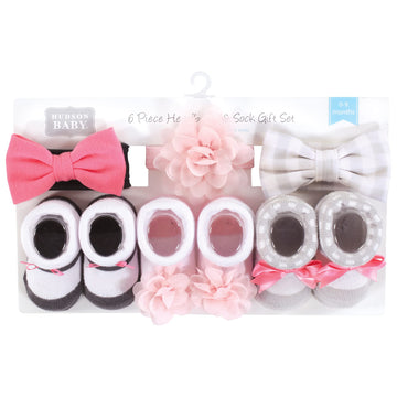 Hudson Baby Infant Girl Headband And Socks Giftset, Pink Charcoal, One Size