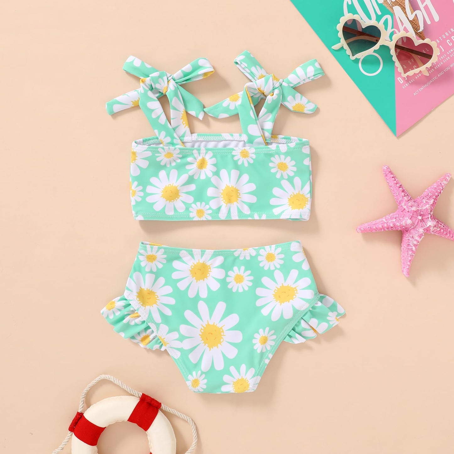 Younger Tree Toddler Girls Two Pieces Swimsuit Color Block Stripe Swimwear Summer Beach Bathing Suit 18M-5T(Green#Daisy 12-18 Mo