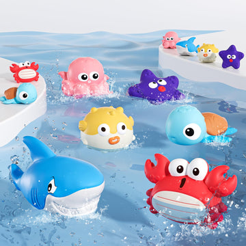 XAWACAH Bath Toy for Toddlers 18 Months, No-Hole Bathtub Toys with Baby Bath Animals, Wind-Up Turtles, Fishing Net & Storage Bag