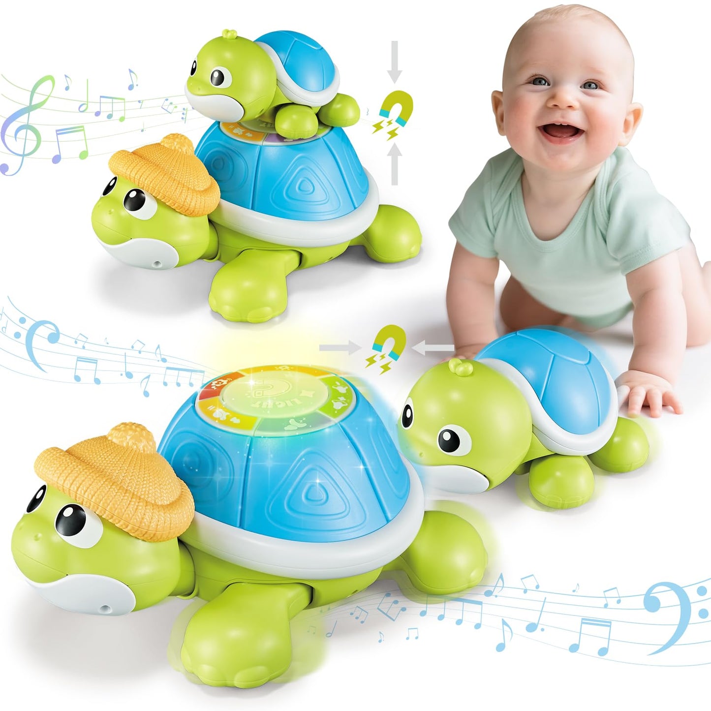 CuteZone Baby Toys 6-12 Months - Musical Tummy Time Toys Set Turtle Mama and Baby with Light & Sound, Moving Crawling Toys for B