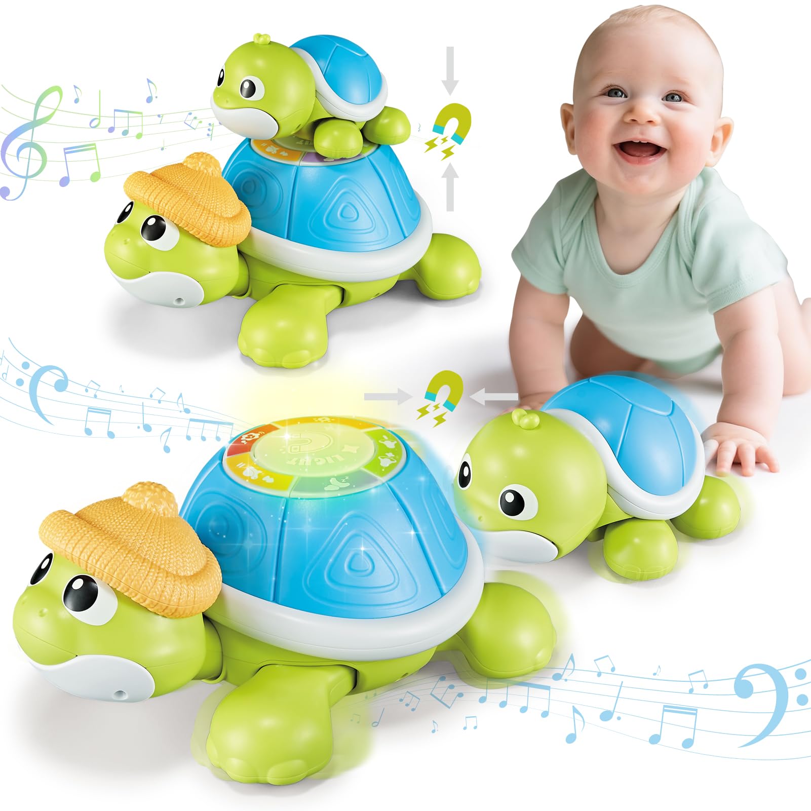 CuteZone Baby Toys 6-12 Months - Musical Tummy Time Toys Set Turtle Mama and Baby with Light & Sound, Moving Crawling Toys for B