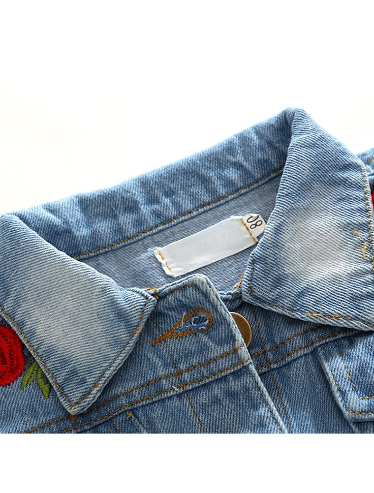 Abolai Baby Girls' Rose Embroidery Button Down Jeans Jacket Top Blue 100