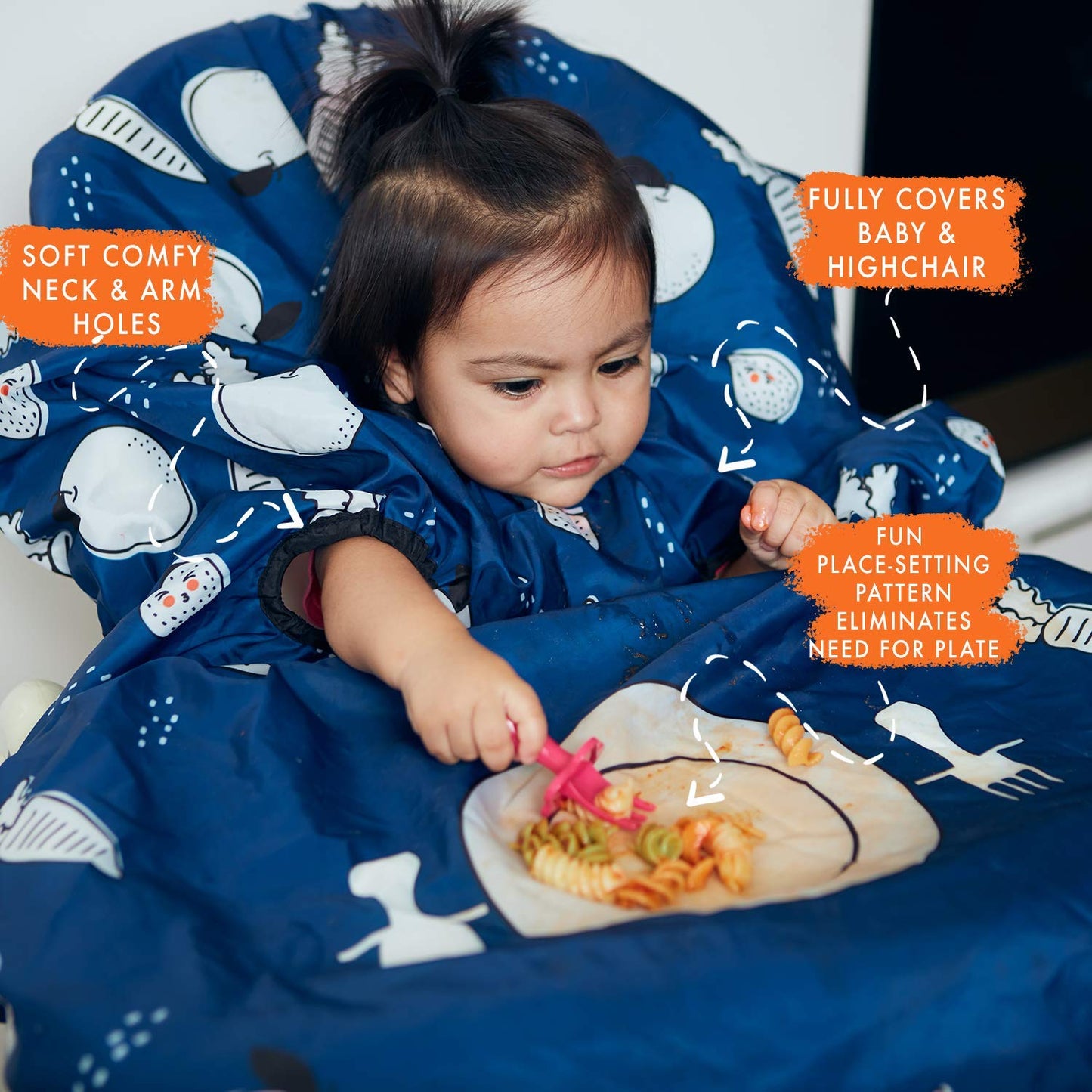 Grabease Allover Waterproof Bib For Self-Feeding Infants And Toddlers, Machine Washable, Ages 6-24 Months, Navy