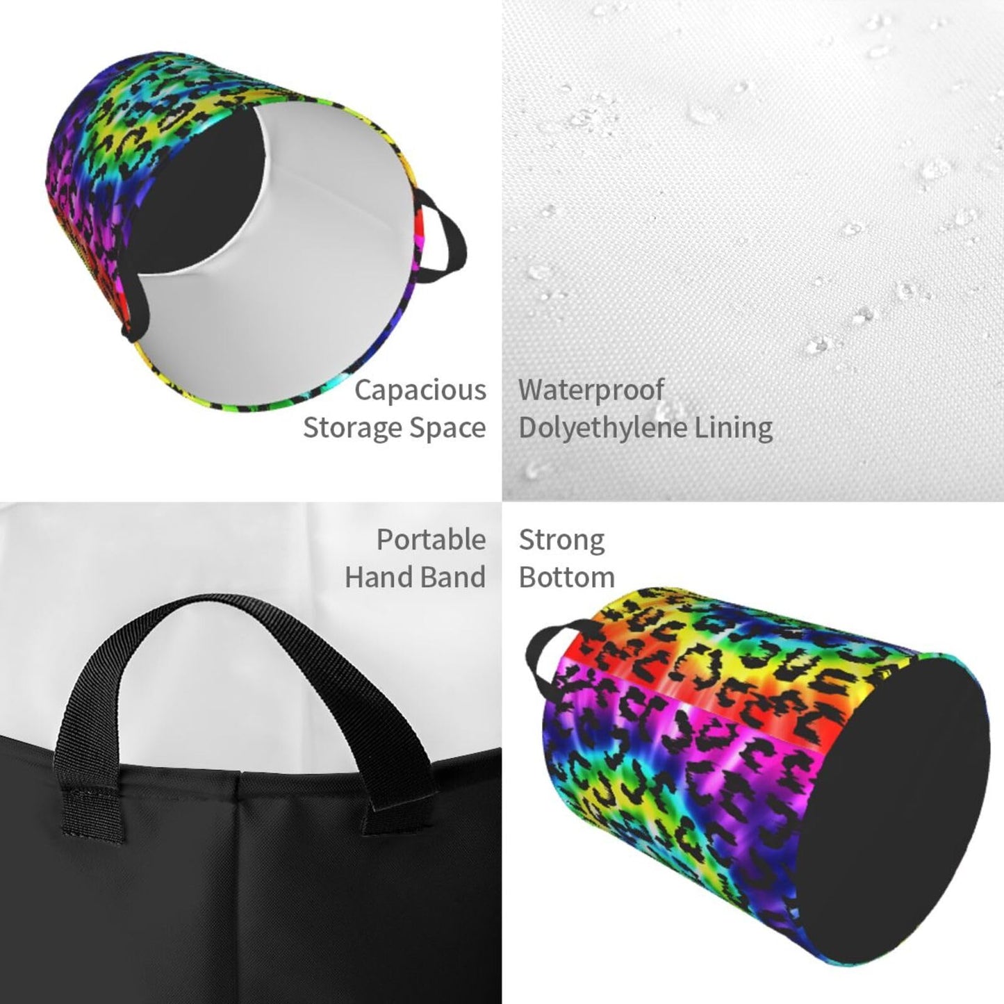 Gbuzozie Leopard Round Laundry Hamper Rainbow Tie Dye Storage Basket Toys Clothes Organizer Bin For Home Bathroom Bedroom Dorm N