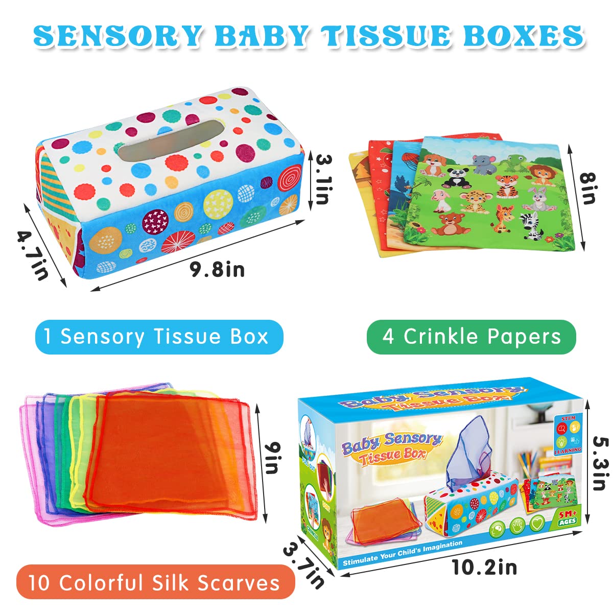 Aiduy Baby Toys 6 to 12 Months - Baby Tissue Box Toys Montessori Toys for Babies 6-12 Months - Soft Crinkle Infant Sensory Toys