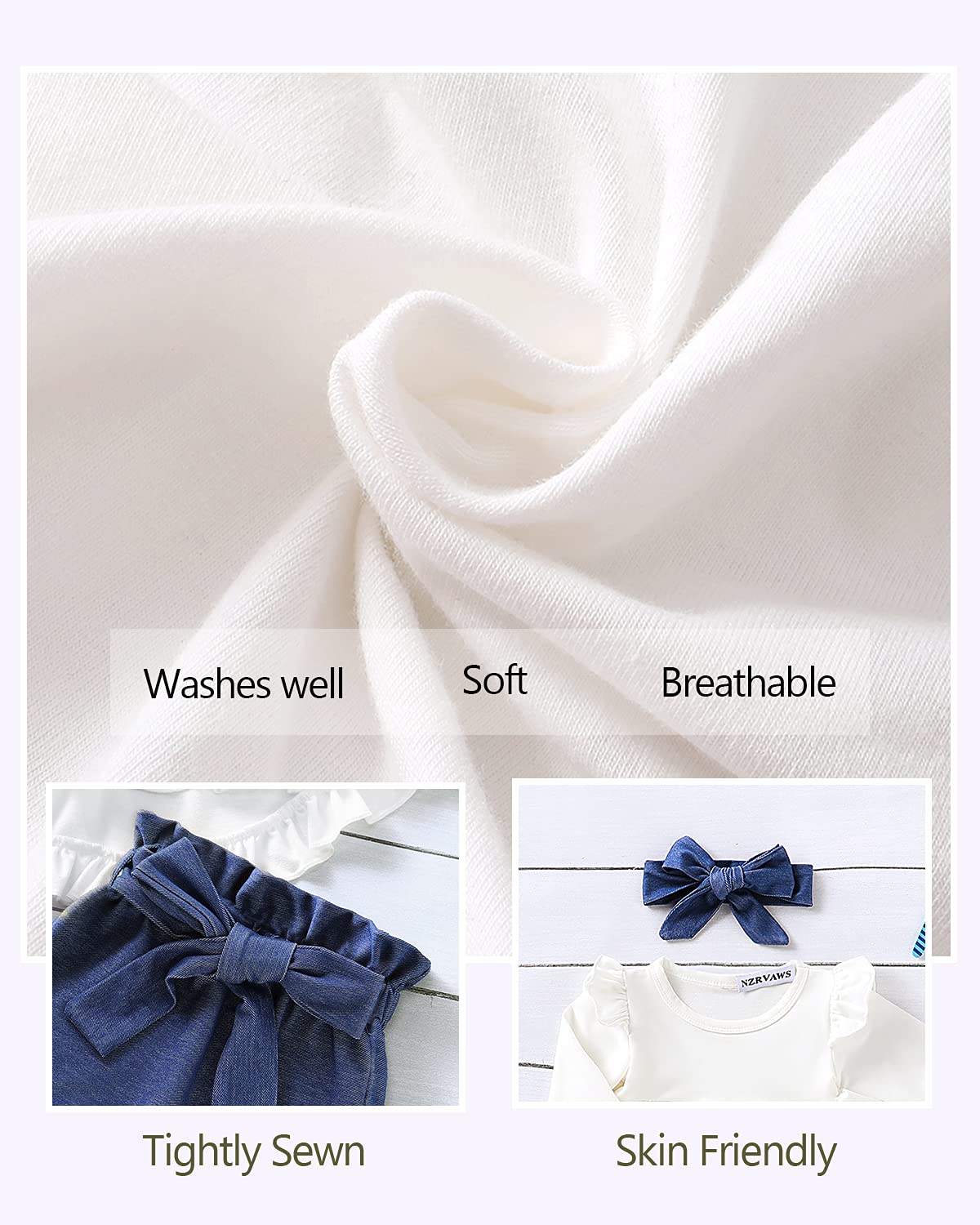 Nzrvaws Infant Toddler Baby 18 Months Girls Clothes Long Sleeve Ruffles White Shirt Tops + Denim Blue Long Pants+ Headband Fall