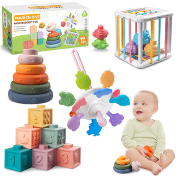Wuzhineisn Montessori Baby Toys for Ages 6-18 Months - Pull String Teether, Stacking Blocks, Sensory Shapes Storage Bin, Infant 