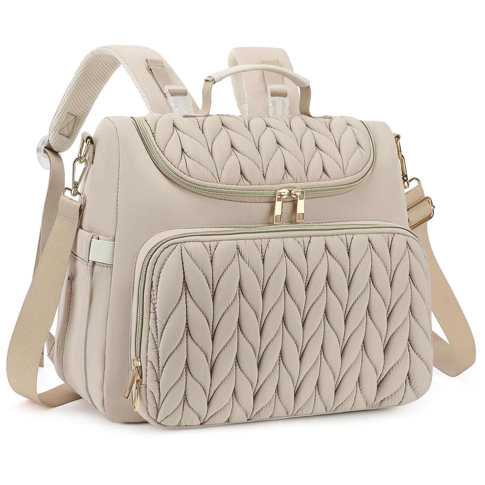 Bevkois Small Diaper Bag Backpack Quilted Mini Baby Crossbody Diaper Bag Tote for Mom and Baby Girls Boys (Beige)