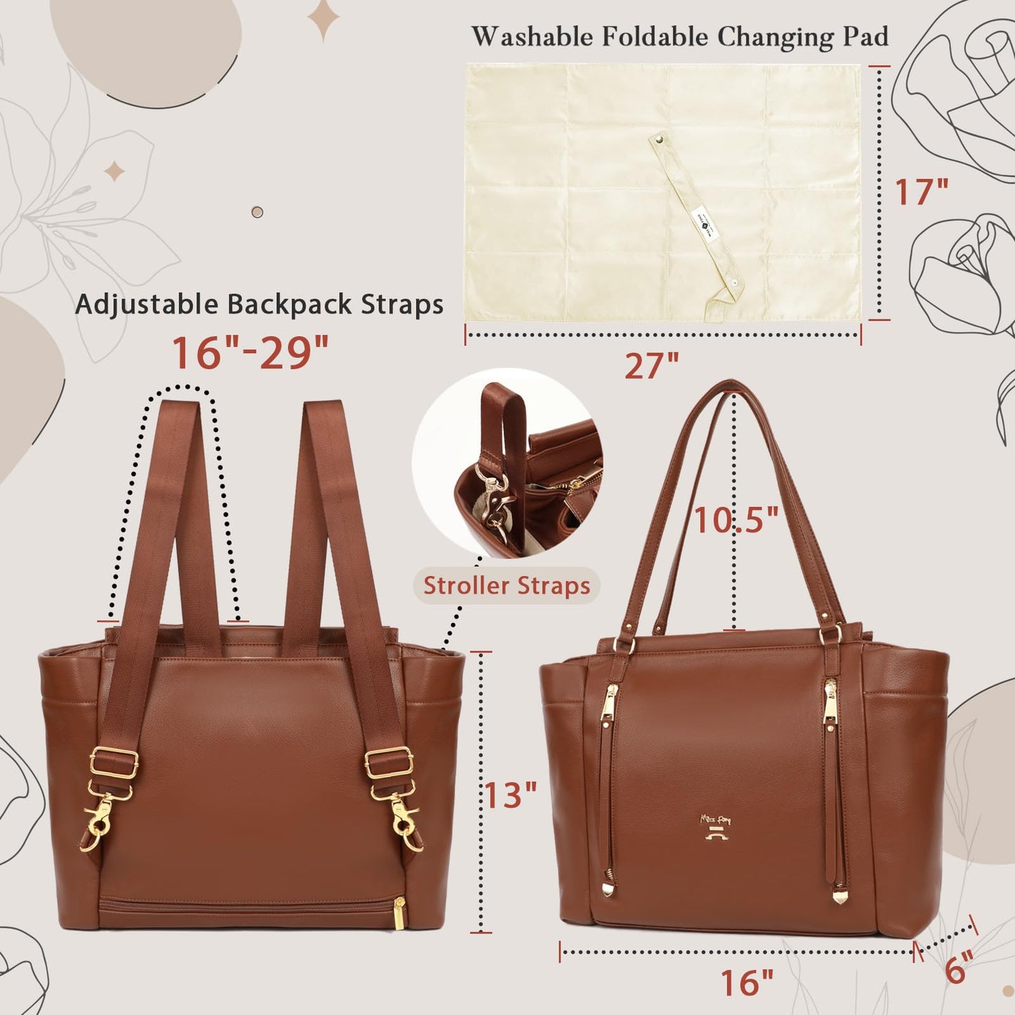 Miss Fong Diaper Bag Tote Leather Diaper Bag Backpack, Large Capacity Mommy Bag Hospital Bag, 12 Pockets Travel Diaper Tote With