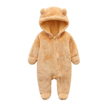 Baby Boy Cute Fleece Romper Zip Closure Hooded Jumpsuit For 0-3 Months Baby Footed Yellow
