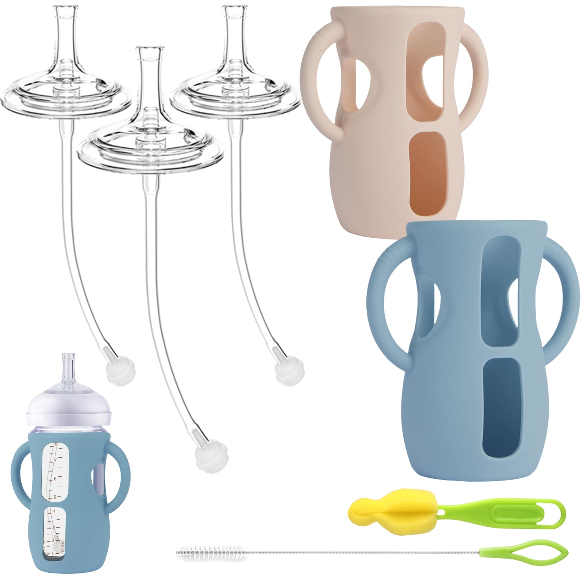 Straw Cup Conversion Kit with Silicone Sleeves for Avent Natural Glass Baby Bottle 8oz, Toddler Sippy Cups Transition Kit w Anti