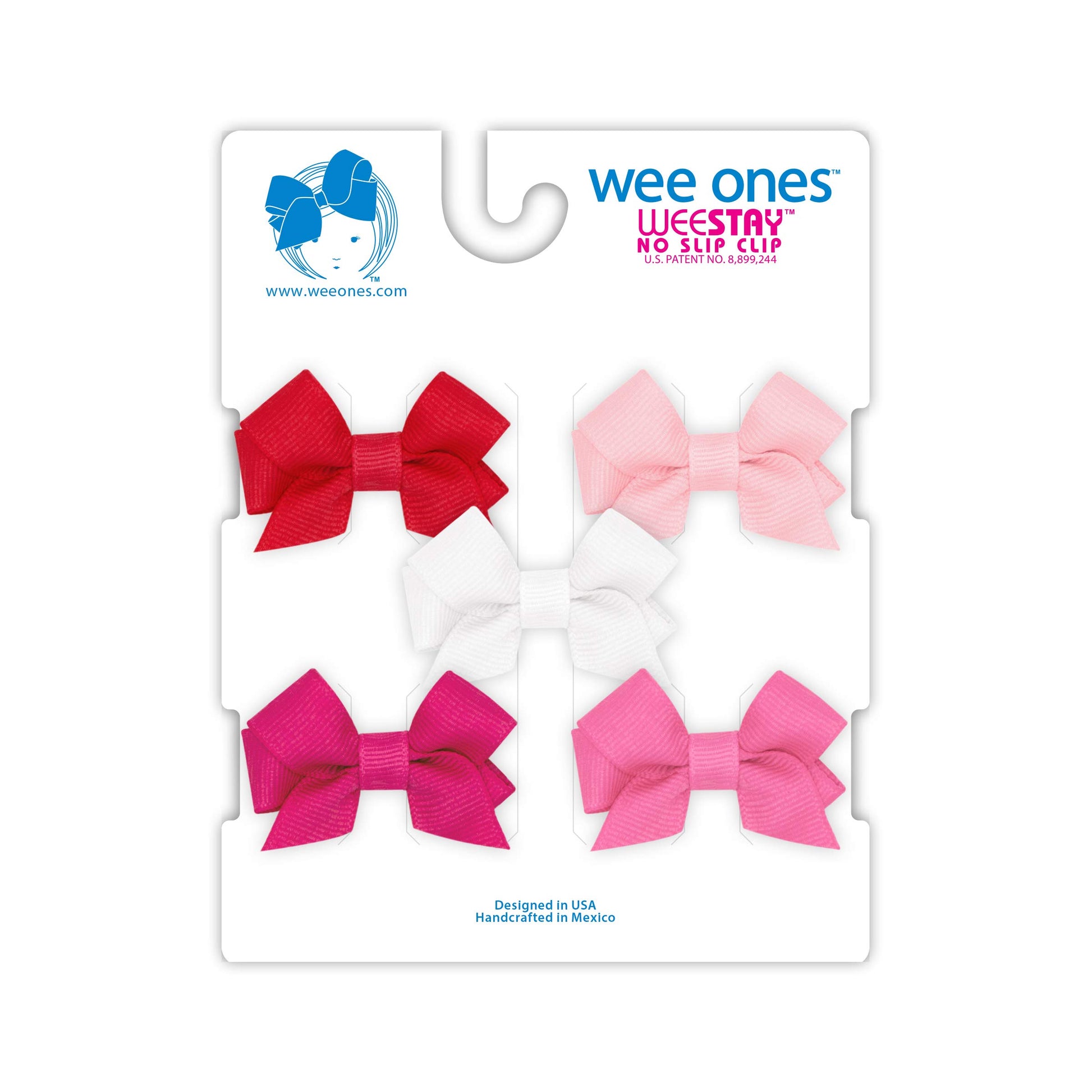 Wee Ones Baby Girl'S Multipack Five Tiny Grosgrain Hair Bows, Red, Light Pink, White, Shocking Pink, And Hot Pink
