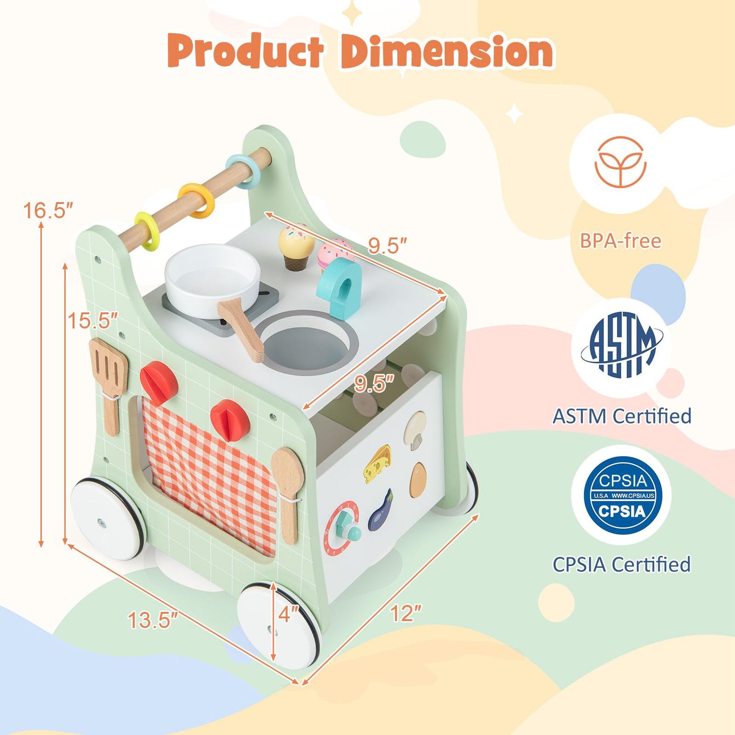 HONEY JOY Baby Push Walker, 6-in-1 Wooden Play Kitchen Walker Activity Center w/Shape Sorter, Develop Motor Skills & Creativity,