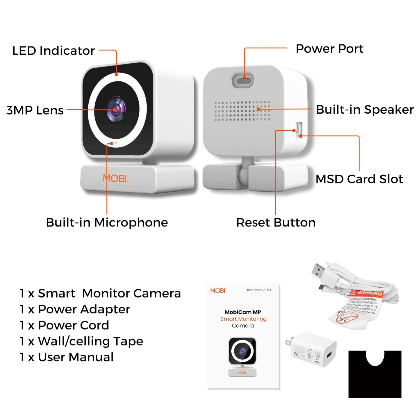 Mobicam Baby & Home Monitor Camera, Mobicam Mp Pet Camera, Ai Motion Detection, 3 Megapixel, 2-Way Audio, Night Vision, Dual-Ban