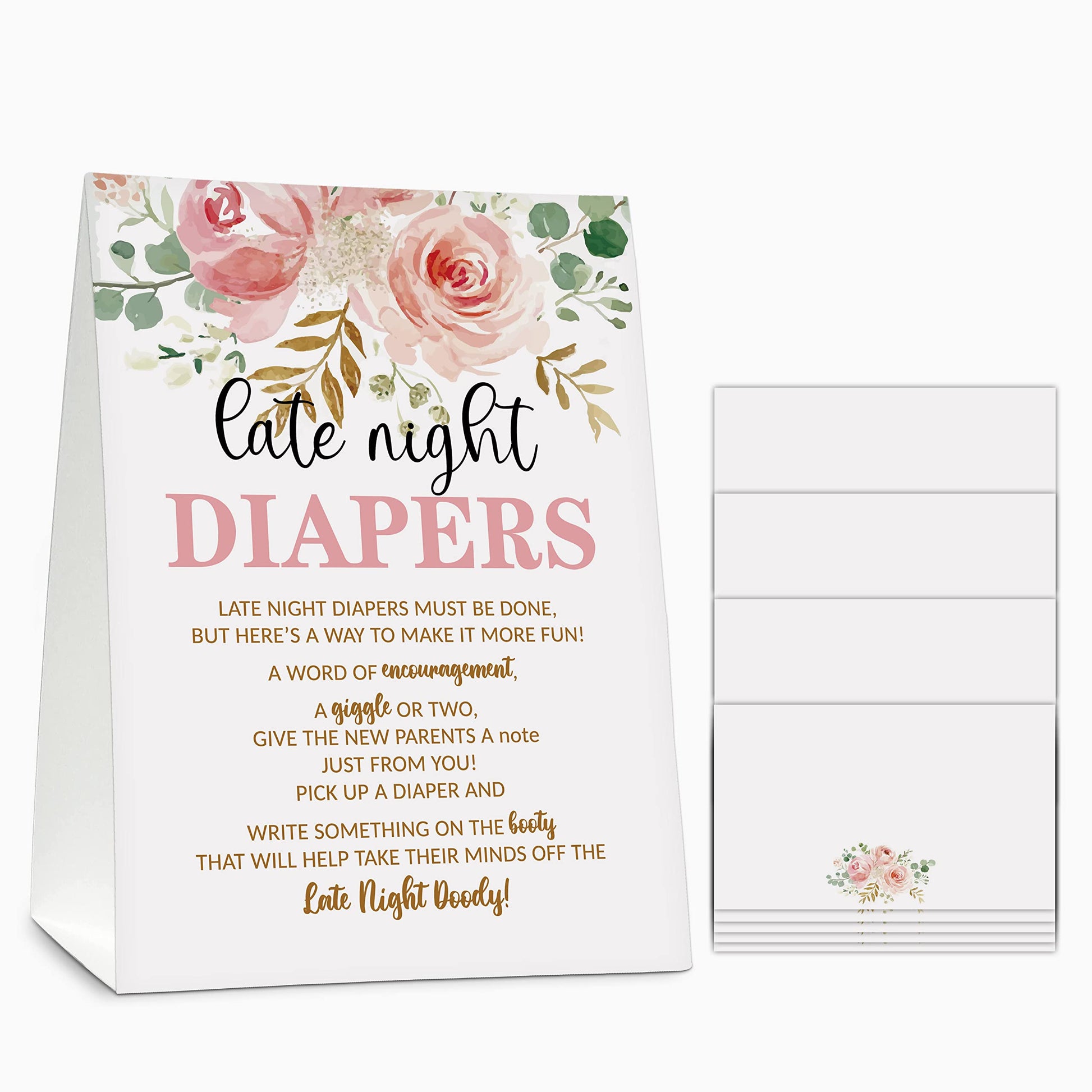 Late Night Diapers Sign, Greenery Floral Note Cards Diaper Thoughts, Late Night Diaper Baby Shower Game Set(1 Standing Sign + 20