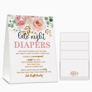 Late Night Diapers Sign, Greenery Floral Note Cards Diaper Thoughts, Late Night Diaper Baby Shower Game Set(1 Standing Sign + 20