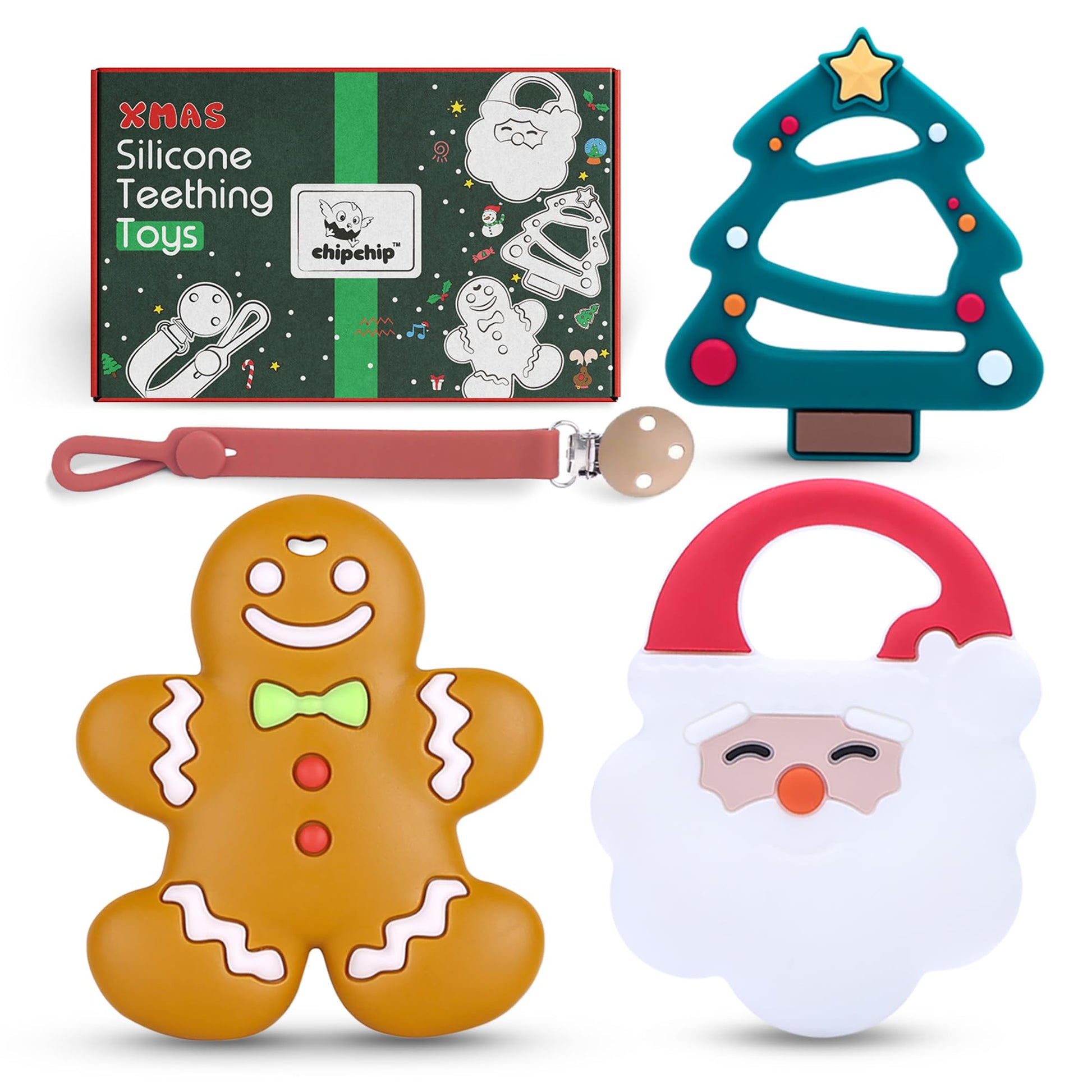 CHIPCHIP Baby Christmas Teething Toys BPA Free, 3 Pack Silicone Teether Toys and 1 Silicone Pacifier Chain for Babies 3 Months a