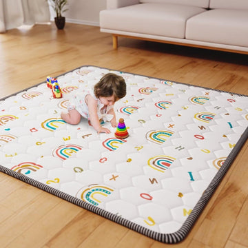 Boho Rainbow Baby Play Mat 50x50 Playpen Mat Thicken Soft Baby Crawling Mat Non-Slip Cushioned Baby Floor Mat with Letters, Acti