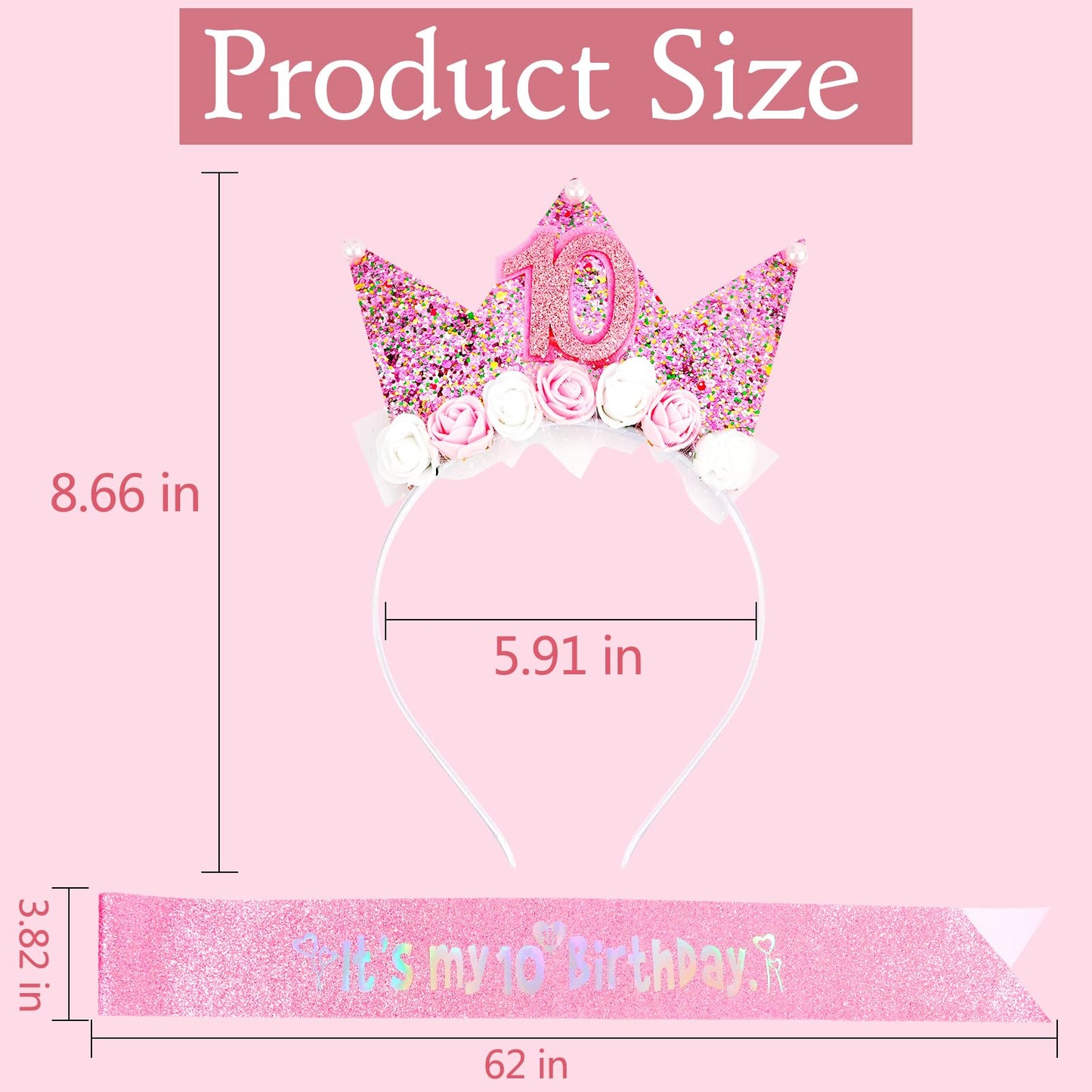 Vovii 10Th Birthday Decorations For Girls, Birthday Girl Headband Glitter Sash Set For 10 Year Old Girl Birthday Decoration, Bir