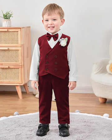 Yallet Toddler Baby Boy Clothes Suit Gentleman Wedding Outfits, Formal Dress Shirt+Bowtie+Vest+Boutonniere+Suspender Pants(V Red