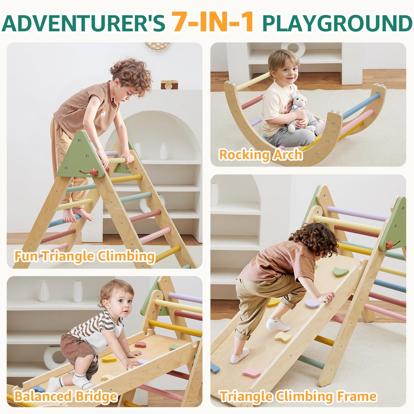 7In1 Pikler Triangle Set, Pikler Triangle Climbing Toys Set For Toddlers, Wooden Toddler Climbing Toys Indoor Playground, Foldab