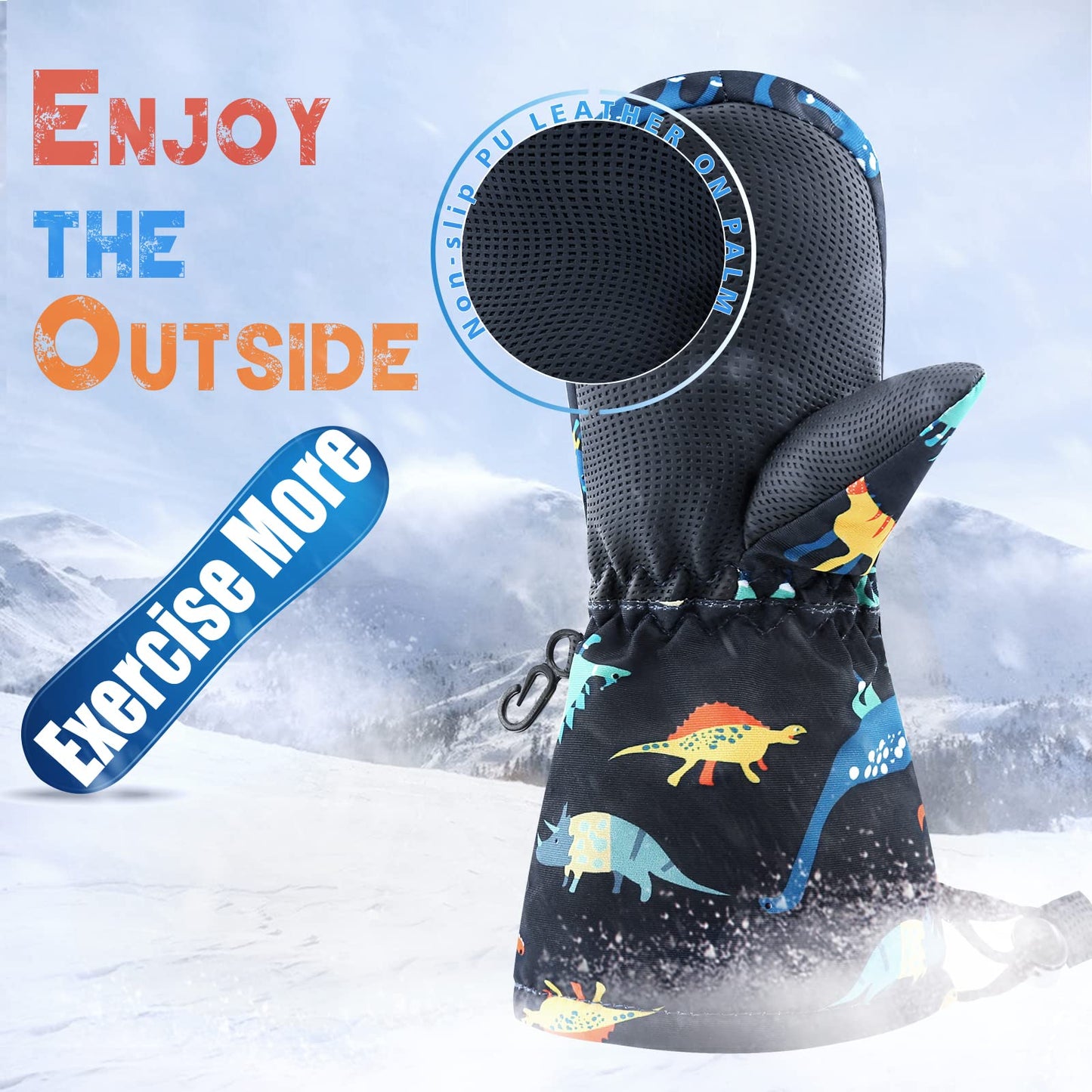 Bavst Winter Kids Waterproof Gloves For Boys Girls Snow Ski Toddler Baby Mittens Outdoor For Infant Teens 1-5T (N-Black Dinosaur