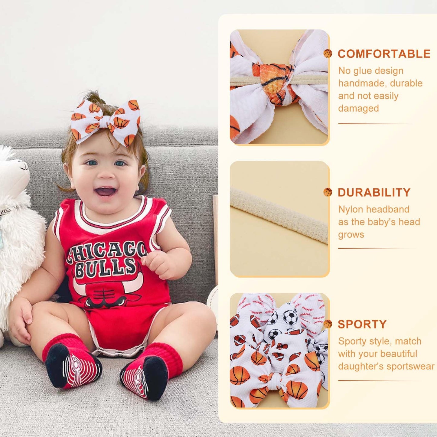Yanjie Baby Girls Hairband - Set Of 4 Pcs Football, Basketball, Soccer, Rugby Nylon Baby Headbands For 0-6 Months Newborn Infant