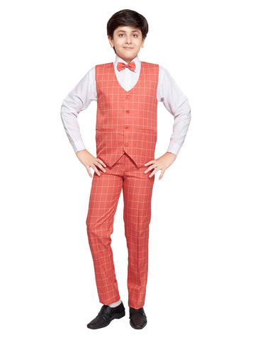 Jeetethnics Boys Peach Checked Waistcoat Set With Shirt And Trousers (6040Aq)