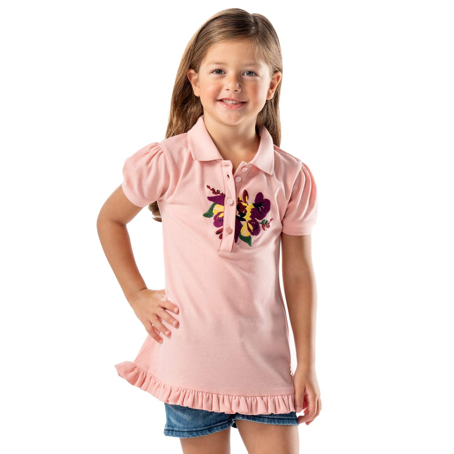 Cherry Crumble Peach/Pink Embroidery Floral Cotton Blend Cap Sleeves Shirt Collar Casual Wear Regular Fit Embroidered Summer Top