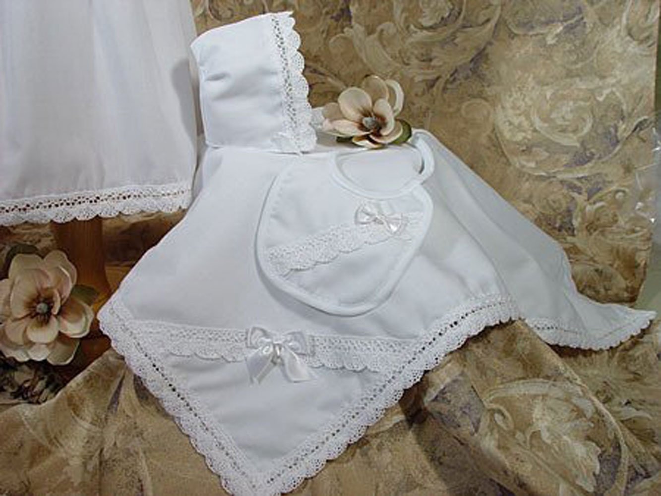 100% Cotton Girls Preemie Dress Christening Gown Baptism Set With Lace Hem 2-3Lbs White