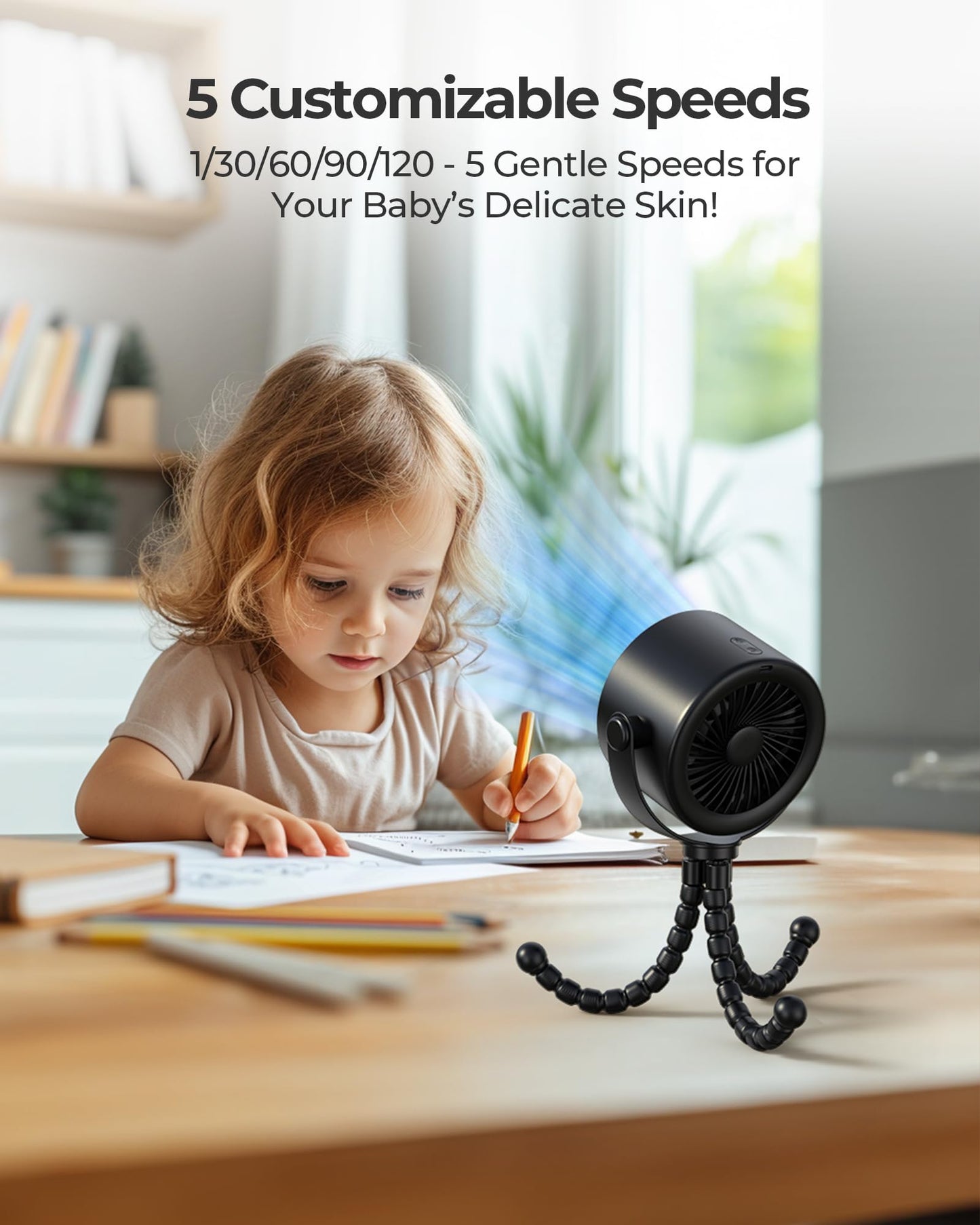 Koonie Portable Stroller Fan, Rechargeable Battery Operated, 5 Speeds With High-Speed Cooling, 17H Runtime, Digital Display, 360