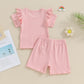 Kupretty Toddlers Baby Girls Summer Clothes Set Ruffle Ribbed Knit Short Sleeves T-Shirt Tops Shorts Comfy Outfits (A Pink, 12-1