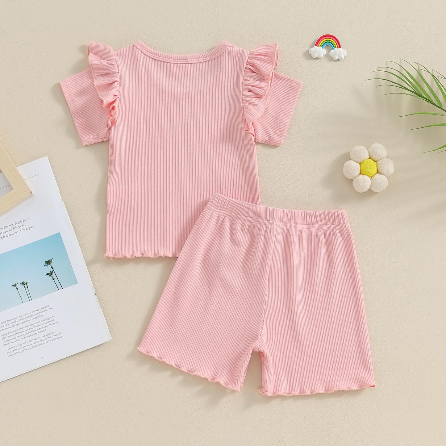 Kupretty Toddlers Baby Girls Summer Clothes Set Ruffle Ribbed Knit Short Sleeves T-Shirt Tops Shorts Comfy Outfits (A Pink, 12-1