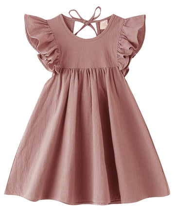 Lyxiof Toddler Baby Girl Cotton Linen Dress Ruffle Sleeve Halter Sleeveless Kids Casual Dresses Dark Pink 120Cm